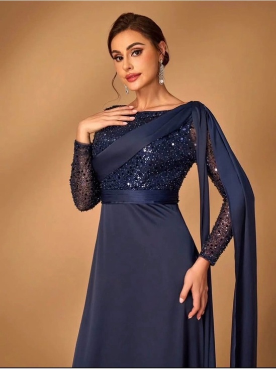 Dresses & Skirts - Elegant Navy Sequin Evening Dress with Draped Shoulder